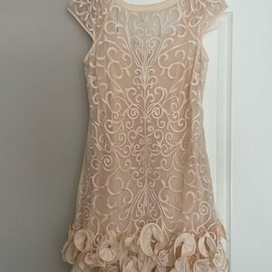 Elegant Beige Lace Dress with Floral Hem